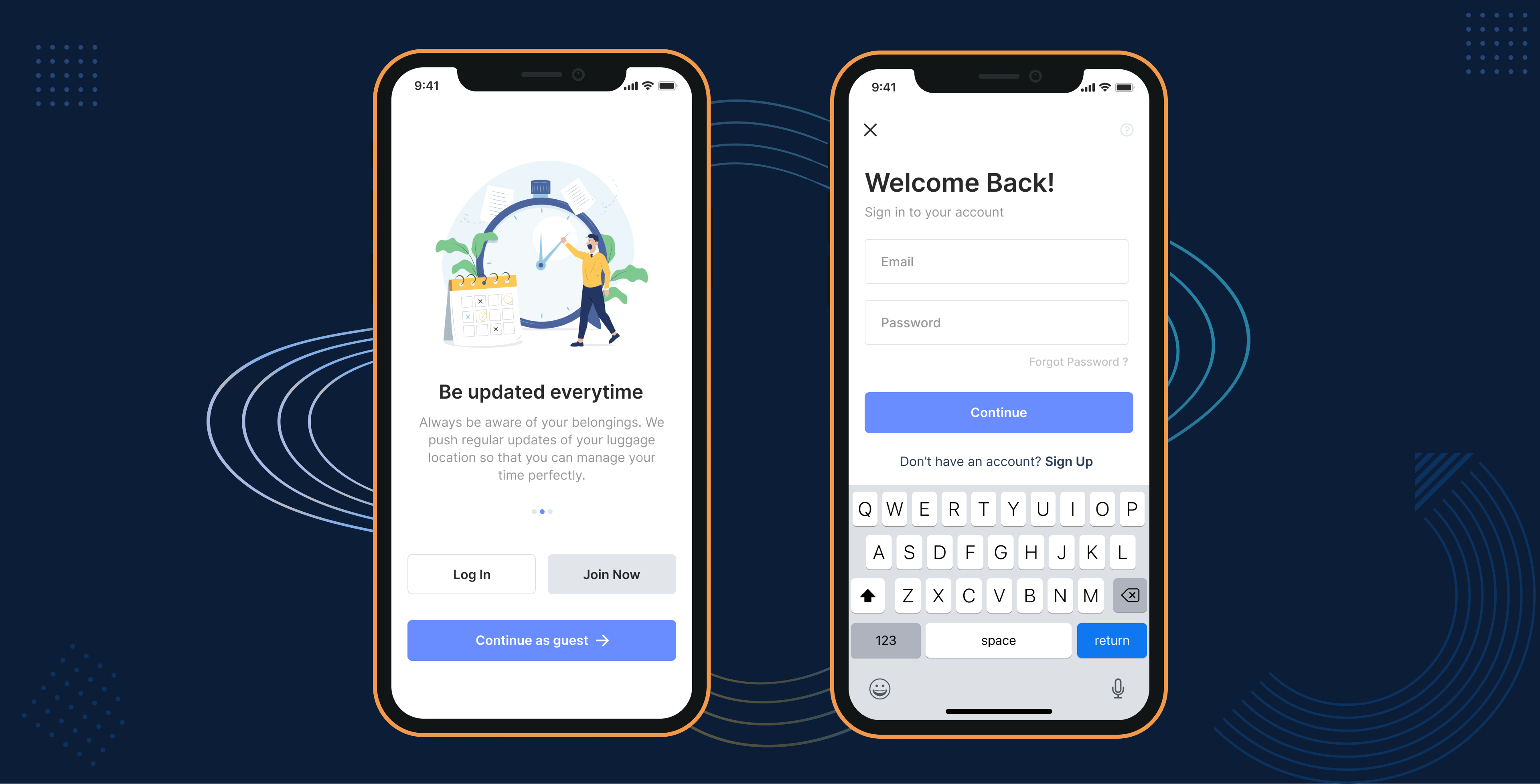 TrackBag onboarding with login/sign up options